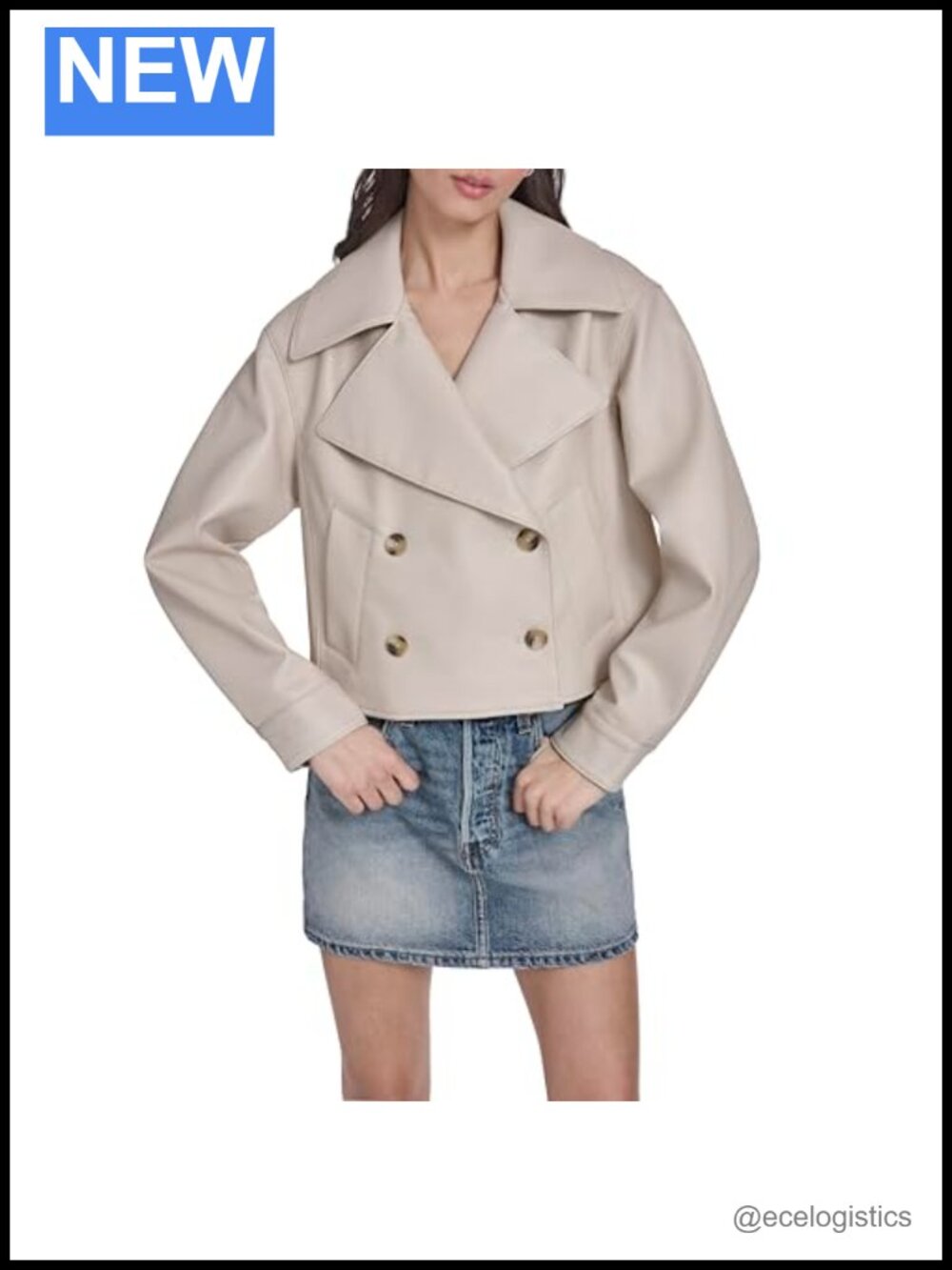 Trench Coat Short Cropped Double Breasted Faux Leather